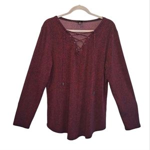 Worthington Black and Red Chevron Split Neck Tie Flowy Blouse Size XL